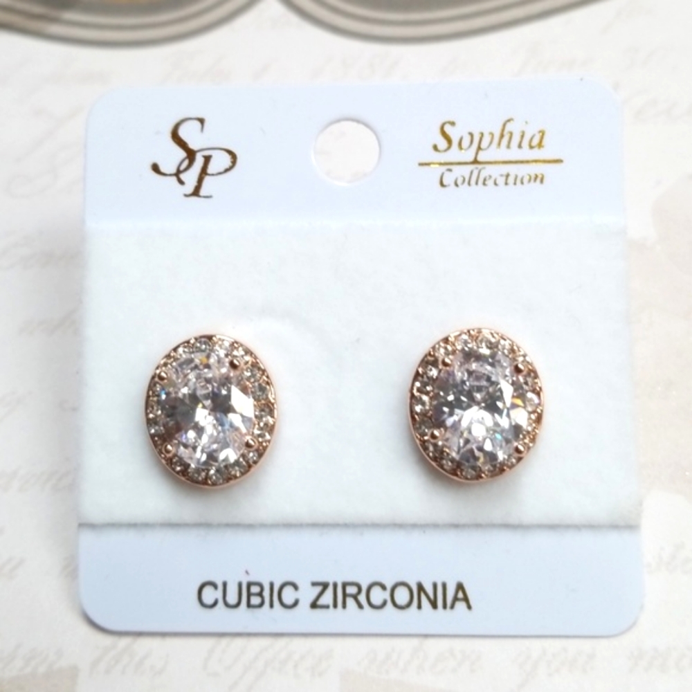 Cubic Zirconia Rose Gold Post Back Oval Earrings For Pierced Ears - Picture 6 of 12